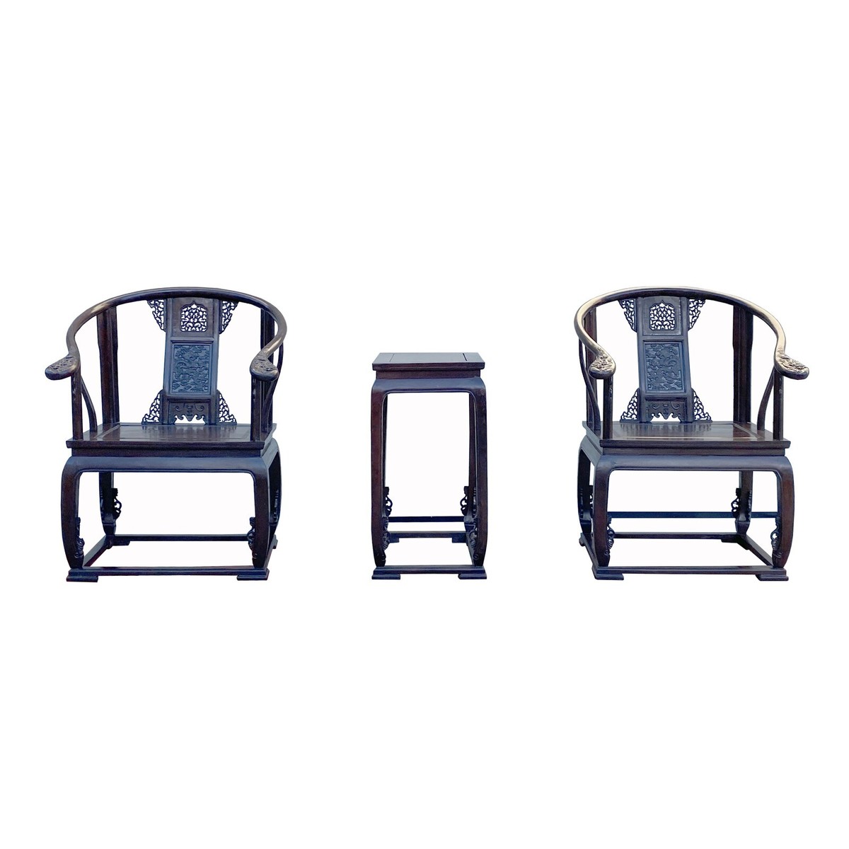 Chinese Reddish Brown Dragons Horseshoe Armchair Table 3 Pieces Set cs7552S Chinese Reddish Brown Dragons Horseshoe Armchair Table 3 Pieces Set cs7552S