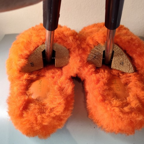 Celine Triomphe Fur Sandals Slides in Orange Women's Sz 5 Eu 36 - Picture 4 of 8