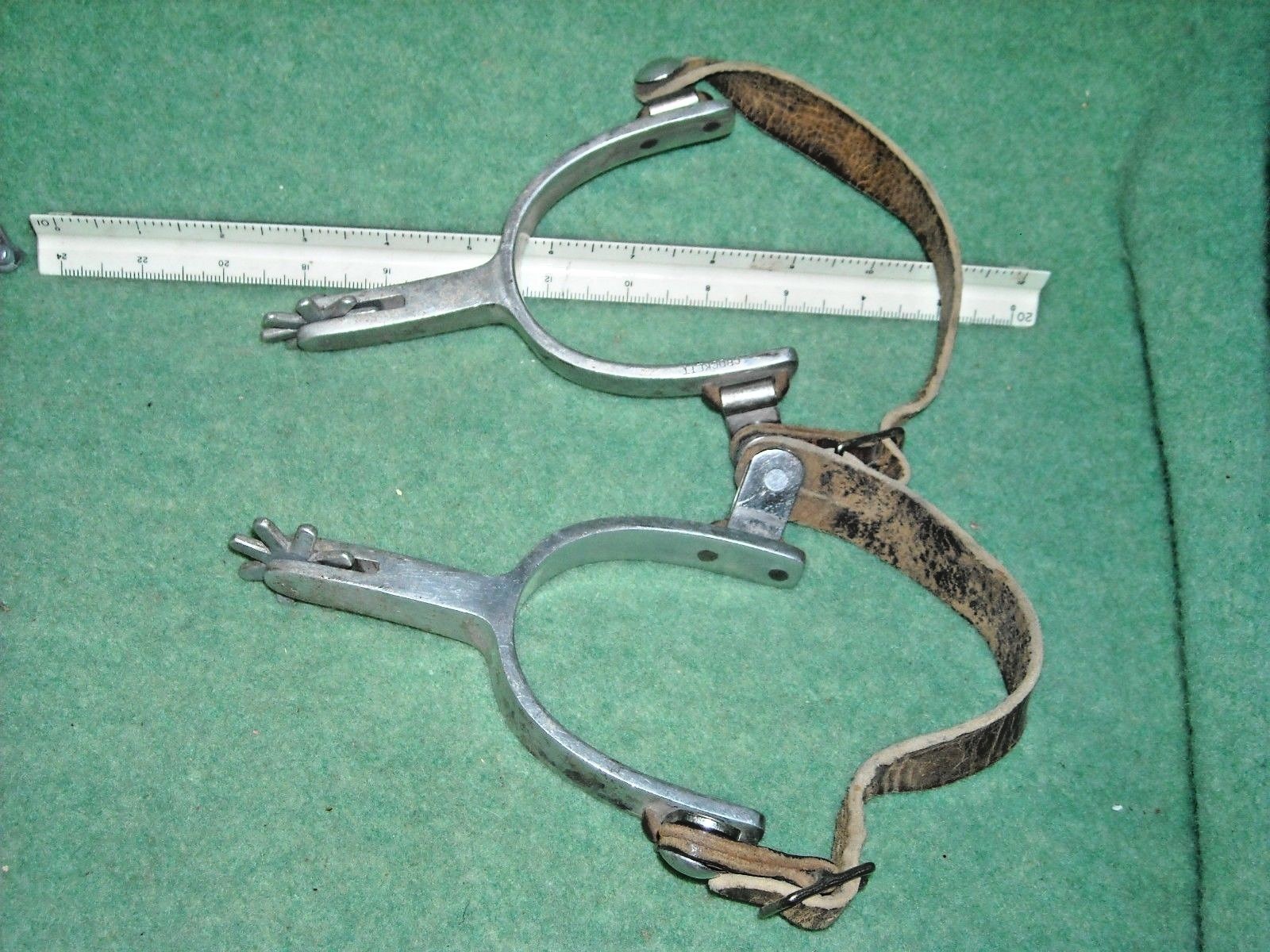 vintage aluminum Crockett spurs heel band button swing arm engraved