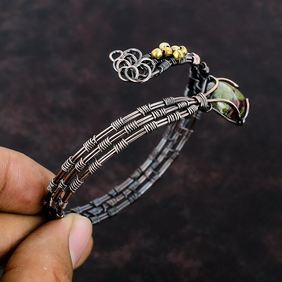 Natural Dragon Bloodstone Bangle Wire Wrapped Green Adjustable Unknown Copper - Image 4 of 4