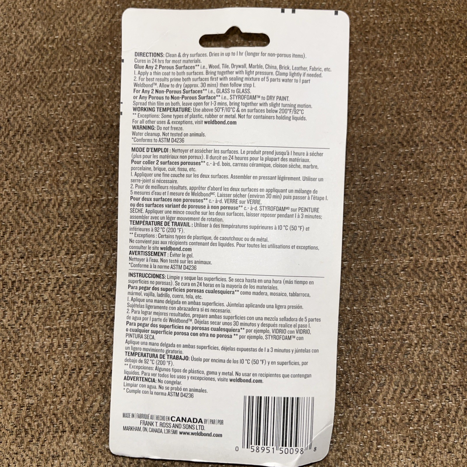 Weldbond Glue, White, 6 to 12 hr Full Cure, 5.4 oz, Bottle 058951500988 Weldbond