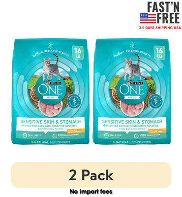 (2 pack) Purina ONE Plus, Sensitive Skin & Stomach, Dry Cat Food, Turkey, 16 lb
