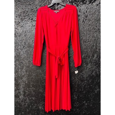 Sharagano Pleated V-Neck Dress Womens 6 Red Long Sleeve Tie Front Belt Midi NEW