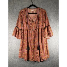 World Market Paisley Boho Bell Sleeve Tassel Mini Dress Small Peasant Resort