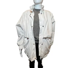 Vtg Towne by London Fog White Utility Jacket Women Sz S Zip/Snap Drawcord Hem