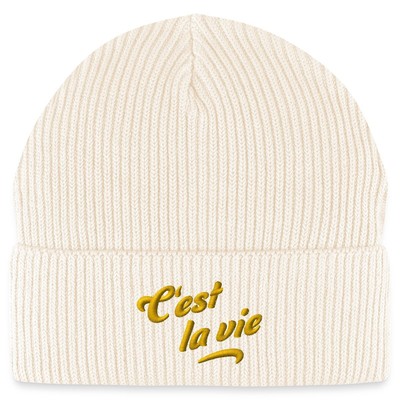 C'est La Vie Stick-Motiv Bio Fisherman Beanie Mütze
