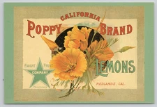 Poppy Brand Lemons Fruit CA California Redlands Label Postcard