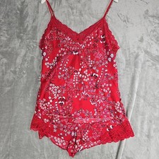 Josie Natori 2 PC Satin Lace Pajama Set Large Red Floral Romantic Lounge