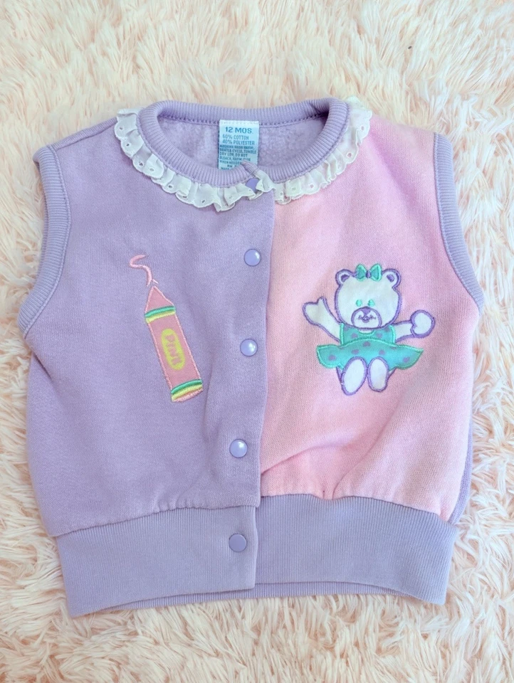 Chaleco Suéter Vintage Años 80 90 Pastel Chica Oso de Peluche y Crayón Rosa 12m Foto 2 de 2