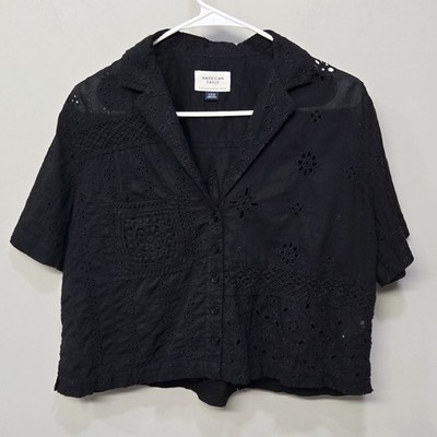American Eagle Shirt Top Small Black Eyelet Lace Crochet Whimsigoth Cottage Boho