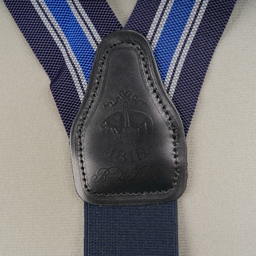 Brooks Brothers Silk Suspenders Navy White Stripes Leather Button Style England - Picture 6 of 8
