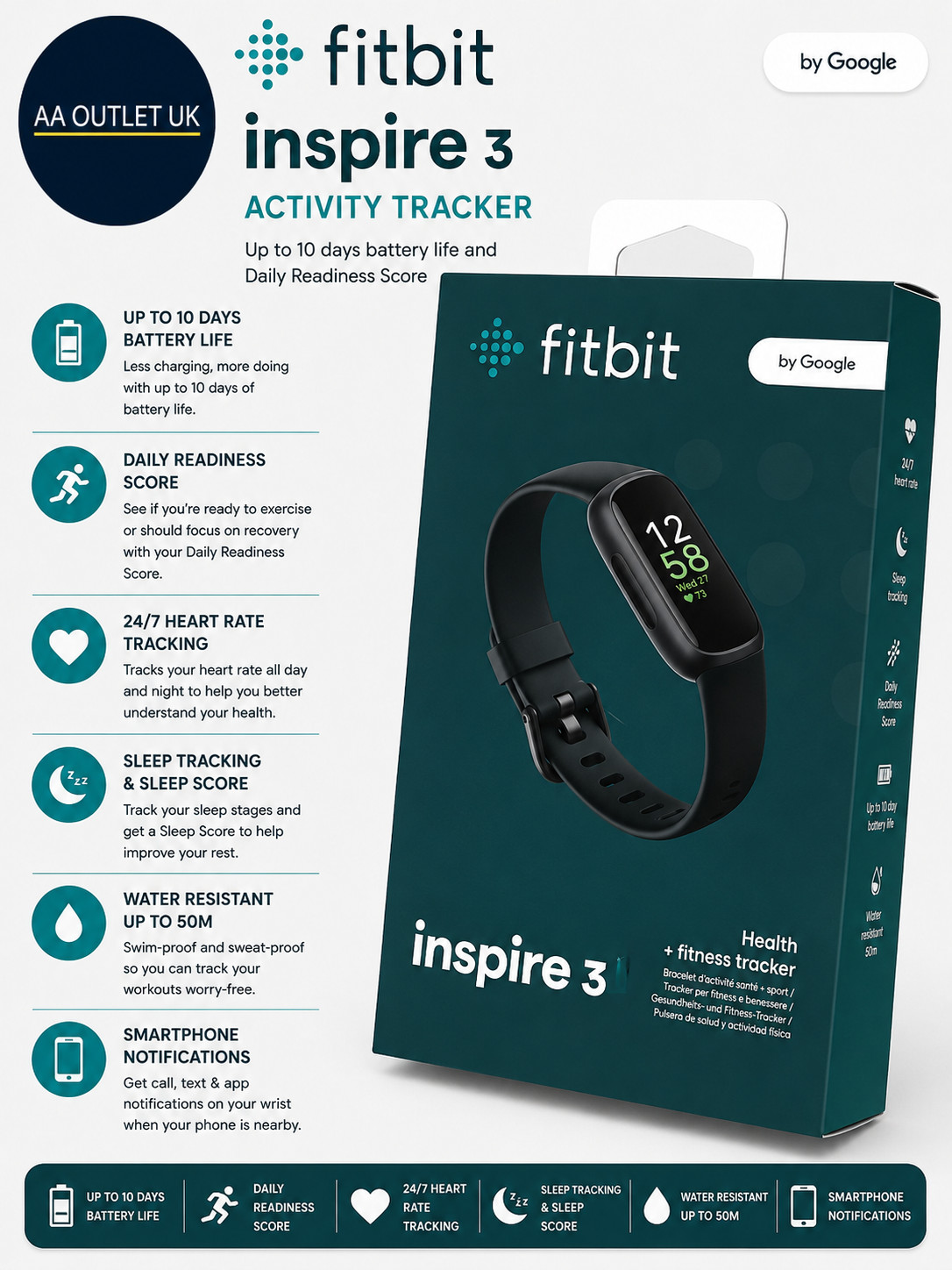 Google Fitbit Inspire 3 Activity Tracker 10 days Battery Life Daily Readiness