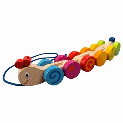 Goki Wooden Pull Along Caterpillar Toy Rainbow Rolling Wheels Multicolor Germany