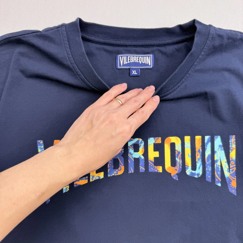 VILEBREQUIN T 恤男式 XL 海军蓝多彩标志图案有机棉 — 第 2/4 张图片