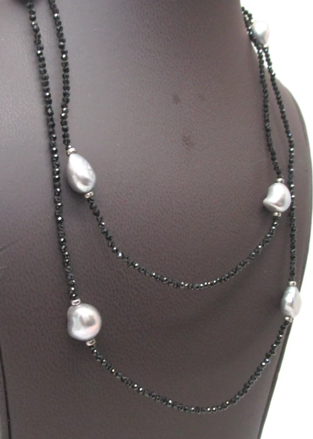 Collar vintage de espinela negra y perlas de 11 mm de plata de ley real de 36" Foto 2 de 4