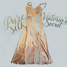 Vintage Victoria  s Secret 100 Silk Lace Slip Gown Dress M Taupe Long Nightgown