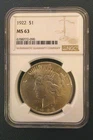1922 $1 Peace Silver Dollar  NGC MS 63