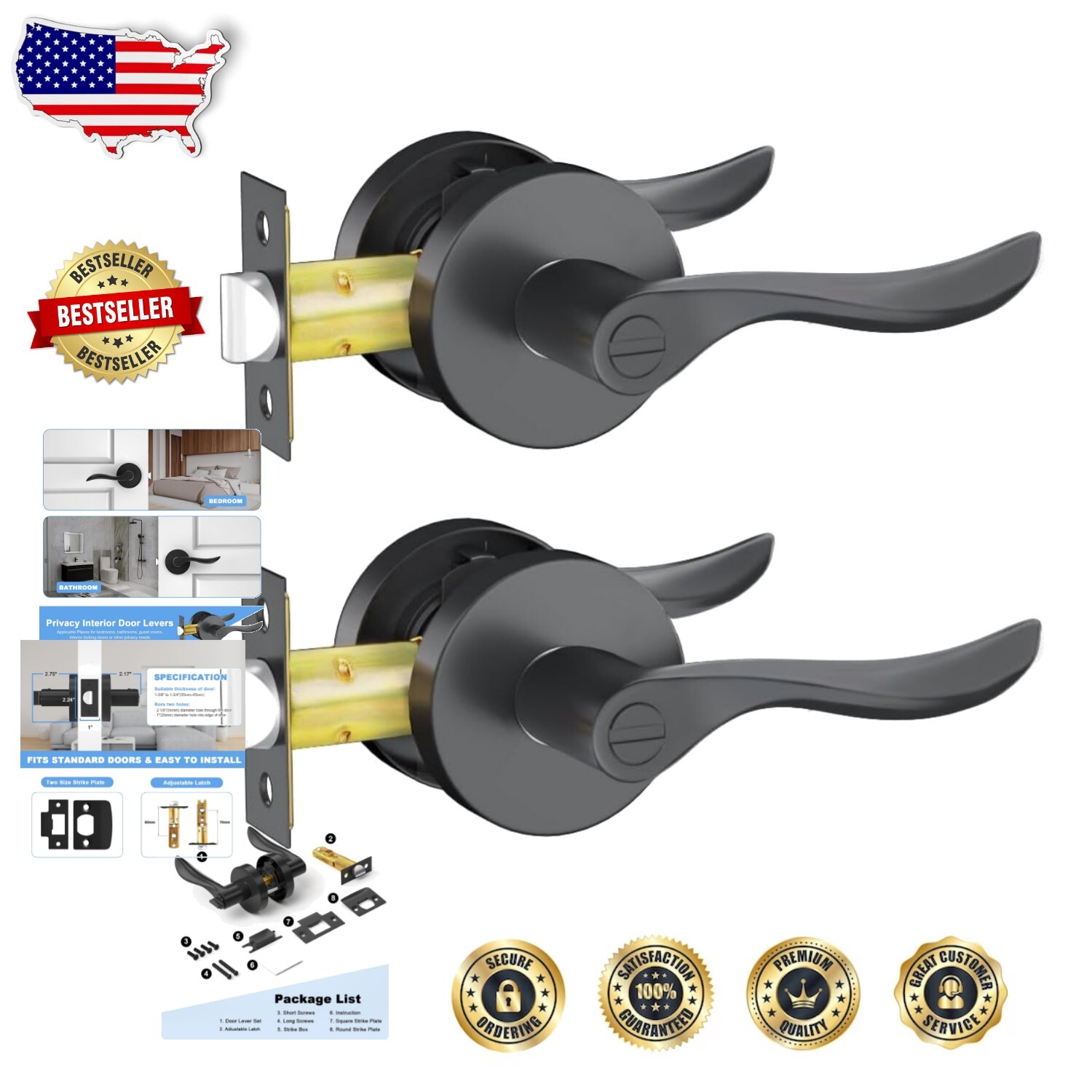 Black Privacy Door Levers 2-Pack - Keyless Heavy Duty Handle for Interior Spaces-image