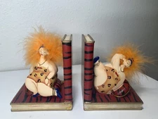 Axicon World Imports Inc. Fun Orange Feather Hair Lady in Leopard Bookends READ
