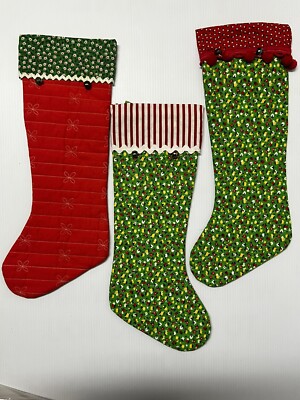 3 Vtg Quilted Christmas Stockings Green & Red W/ Bells Country Farmhouse Retro