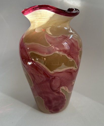 Vintage 1999 Art Glass Vase Hand Blown Abstract Signed Red Pink Tan Cranberry - Picture 13 of 23