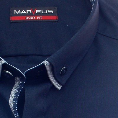 MARVELIS Hemd BODY FIT für sehr schlanke Herren uni langarm Doppelkragen mit But