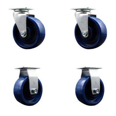 5 Inch Solid Polyurethane Caster Set with Roller Bearings 2 Swivel 2 Rigid