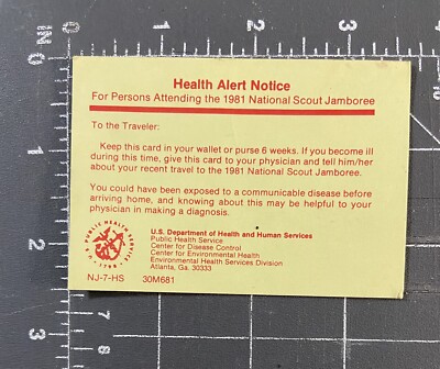 Vintage BSA Boy Scouts 1981 National Jamboree NSJ Health Alert Notice Card HHS