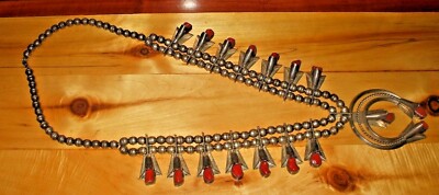Vintage Navajo Frank Yazzie 123g Squash Blossom Red Coral Silver Old Pawn