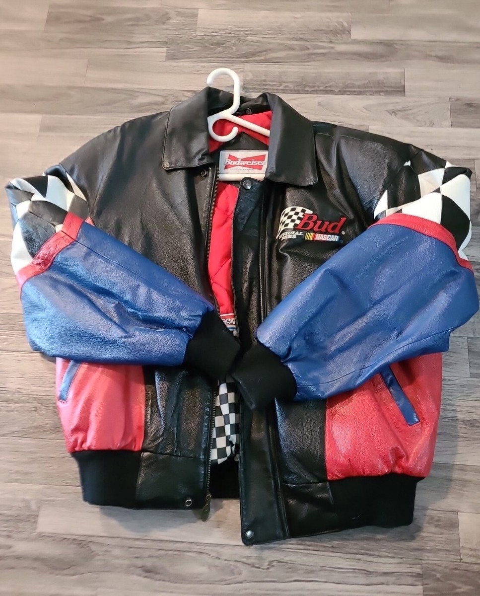 VTG Budweiser Nascar Black Leather Jacket Checkered Sleeve VTG Budweiser Nascar Black Leather Jacket Checkered Sleeve