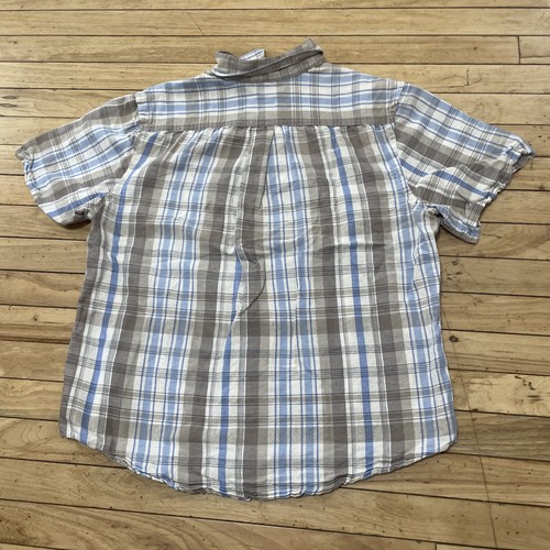 Merona Linen Button Up Shirt Men L Classic Brown Blue Plaid Western Beach 46" - Picture 2 of 20
