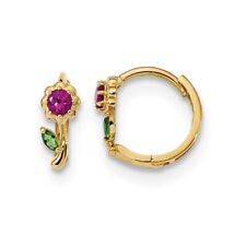 Madi K Kid's Earrings 14k Yellow Gold Red and Green CZ Hinged Hoop