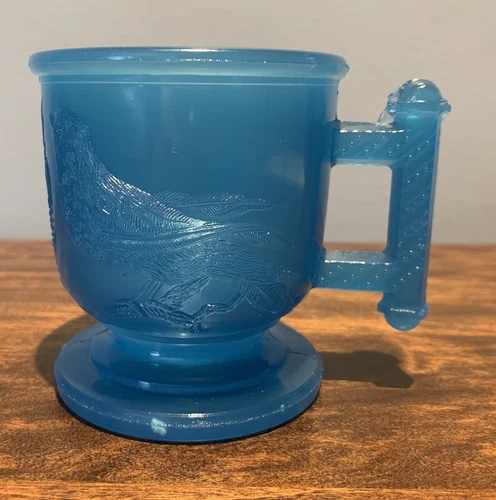 EAPG:1880's Atterbury Glass Co.  Robin Eastlake Child's Mug Blue  Bird & Wheat