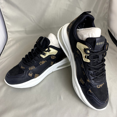 Guess Women's Size 7M Peony Logo Trainers, Black Gold Fever 2 Sneakers 4G