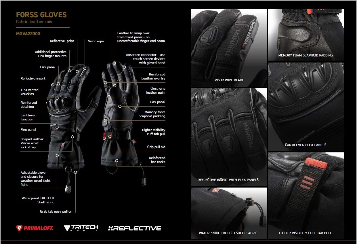 Triumph Motorcycles Forss Waterproof Gloves Black MGVA22000 20% OFF RRP