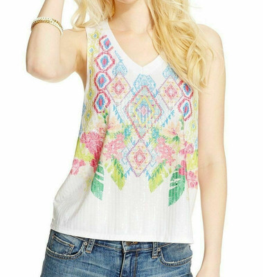 NEW L Almost Famous WHITE Pink Blue V Neck TANK TOP Tribal Aztec Floral Sequin