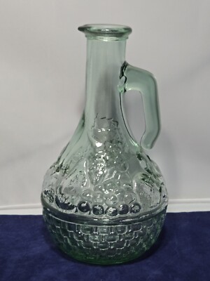 Vintage Sea Green Glass Decanter Cruet Canada Maple Weaved & Grapes 8'' Tall