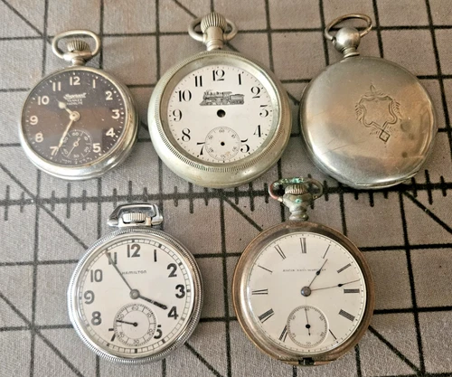 5 vintage Pocket Watch Lot 2 Elgin Hamilton New Era Silverode Parts or Repair