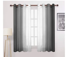 Black Ombre Faux Linen Sheer Curtains. 60"W x 63"L. Grommet Top. Set Of 2 Panels