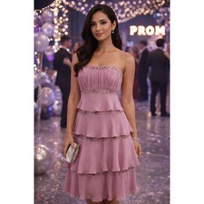 Tony Bowls Womens Pink Beaded Strapless Tiered Chiffon Prom Dance Dress Sz