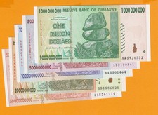 5 Zimbabwe Banknotes-1 ea x 1,5,10,20 & 50 Billion Dollars UNC uncirculated