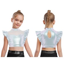 Kids Girls Crop Tops Rave Dancewear Performance Tank Top Stage Metallic Street