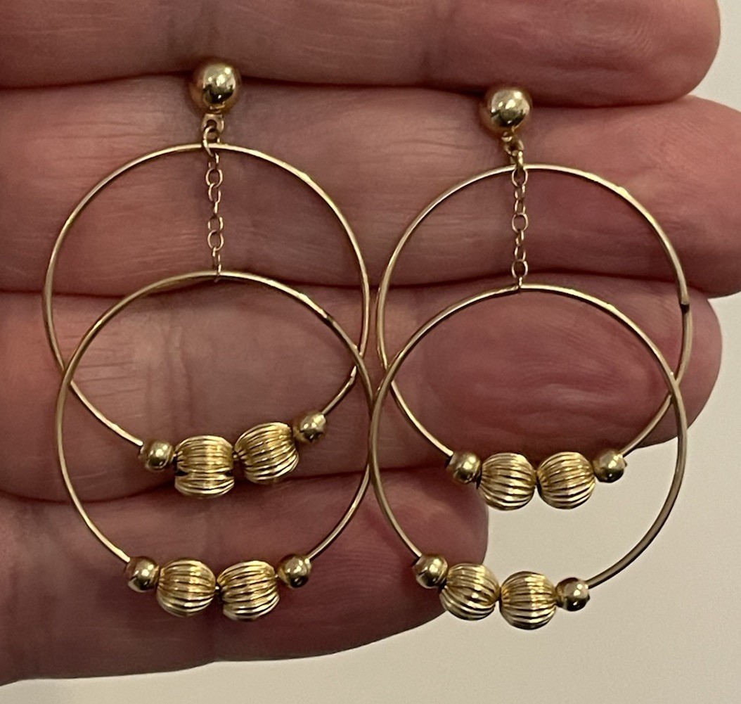 14K Solid Yellow Gold Chained Beaded Circles Dang… - image 3