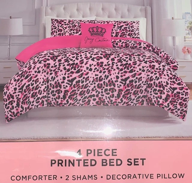 Juego de 4 edredones, fundas, almohada Juicy Couture rosa/negro con estampado de leopardo QUEEN Foto 3 de 4