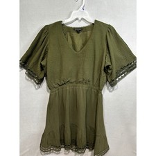 Boston Proper Olive Green Gauze Lace Trim V Neck Mini Dress Women's XL