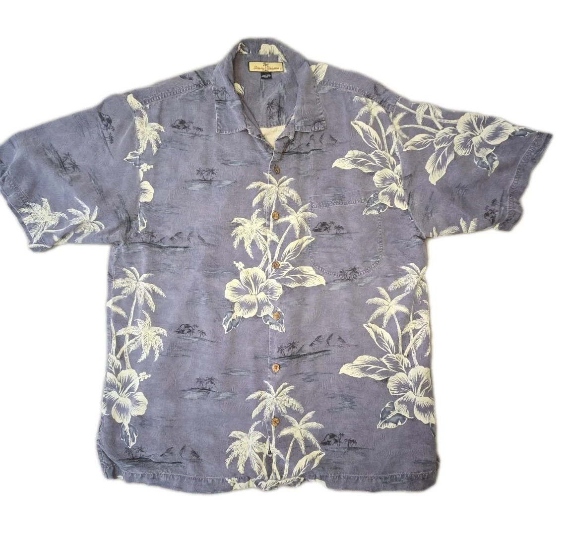 Tommy Bahama Mens L Large Purple Silk Tropical Palm Tree Beach Button Up Shirt