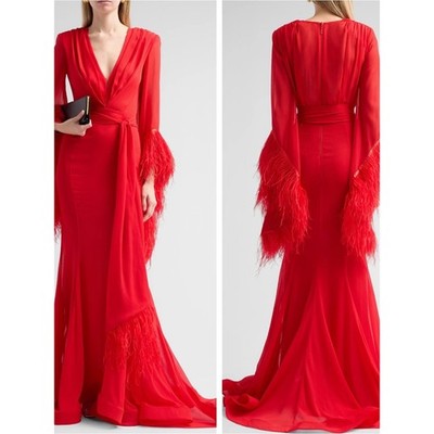 BRONX AND BANCO Geisha Long Sleeve Feather Hem Deep V Red Maxi Dress Size XL