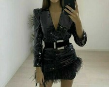 ZARA NEW BLACK LIMITED EDITION SEQUINNED SKIRT WITH FEATHER TRIM 9498/102 M L XL
