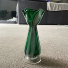 Vintage MCM Murano Style Green Hand Blown Vase Ruffled Art Glass Mid Century 8”