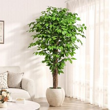 6.2ft Ficus Artificial Trees with 3 Natural Curved Trunks, 74" Tall Lush Faux...